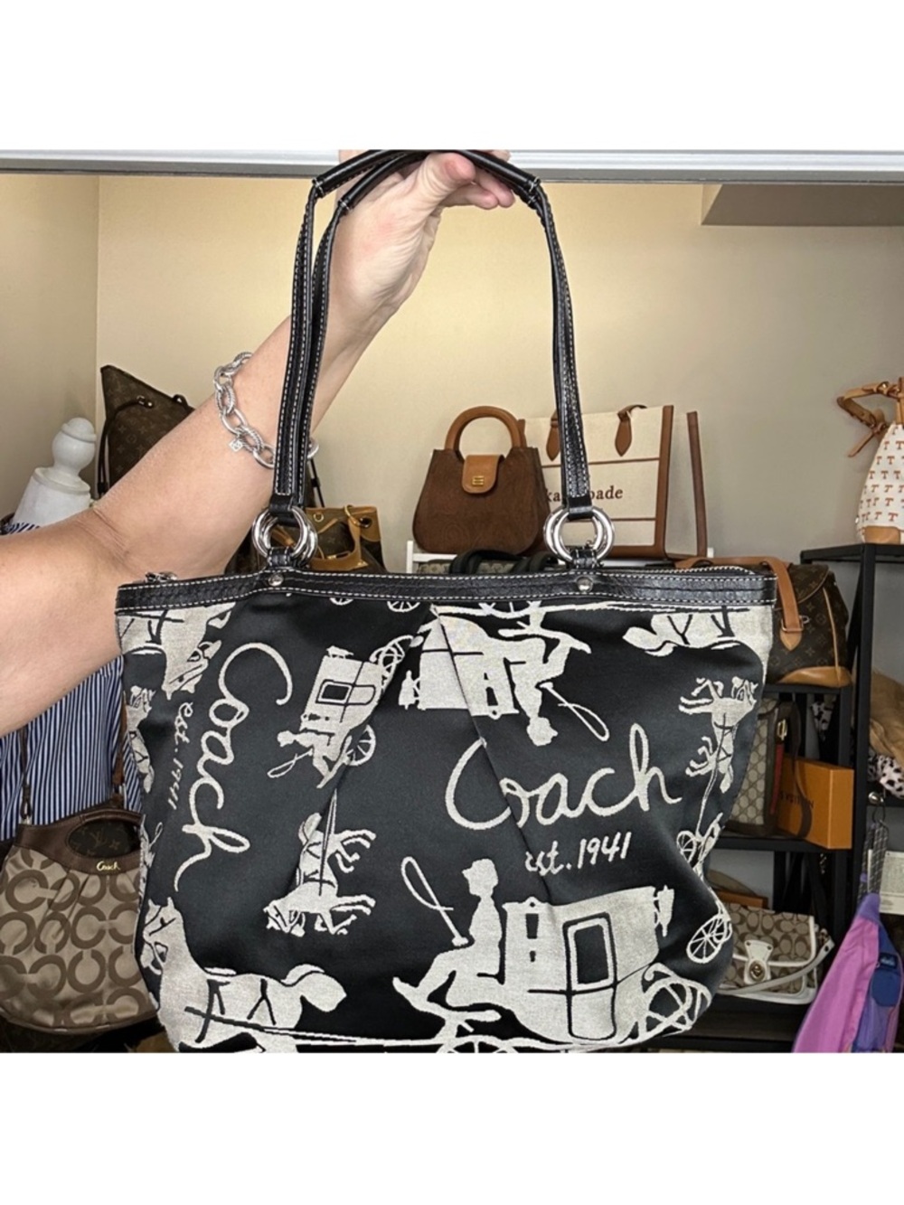 Coach Black and Cream Signature Horse & Carriage Tote with Wristlet, 2 Piece Set - Picture 3 of 14
